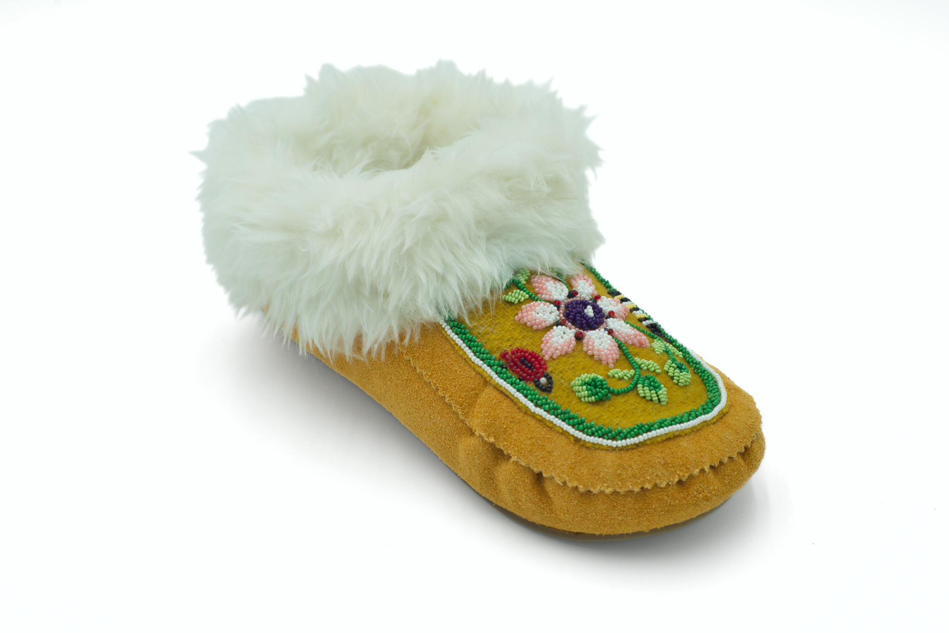 Women's Floral Beaded Suede Moccasins Tan| MoccasinCanada.com
