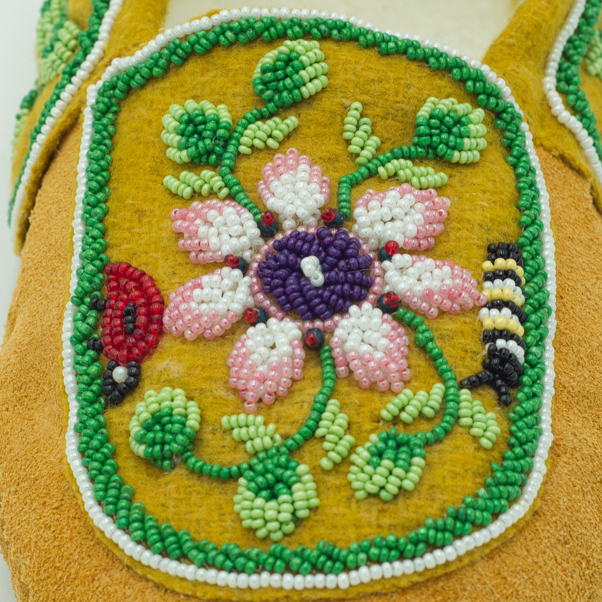 Women's Floral Beaded Suede Moccasins Tan Bead| MoccasinCanada.com