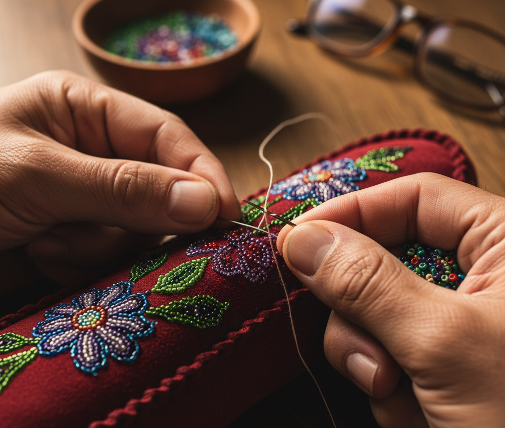 Close-up of an artisan's hands meticulously hand-sewing colorful beads onto red suede for a moccasin.