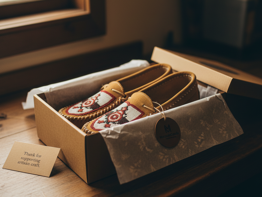 A pair of finished, traditionally beaded moccasins carefully packaged in a box with a MoccasinCanada tag and thank you note.
