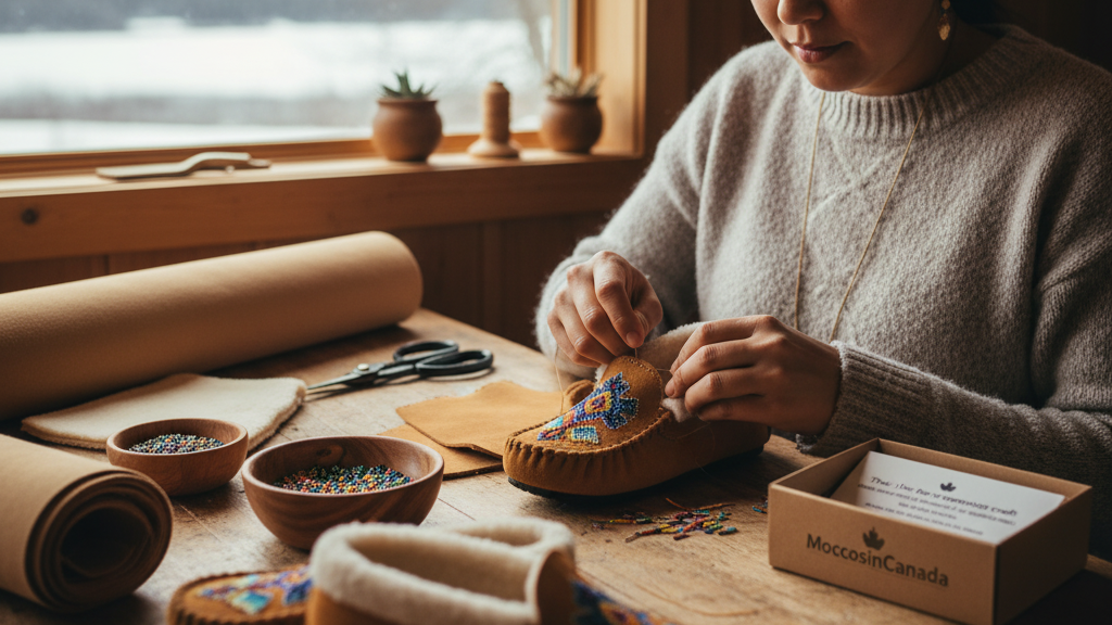 A flat lay of artisan moccasin materials, including tan suede, fleece lining, colorful beads, and a sole pattern on a rustic wooden table.