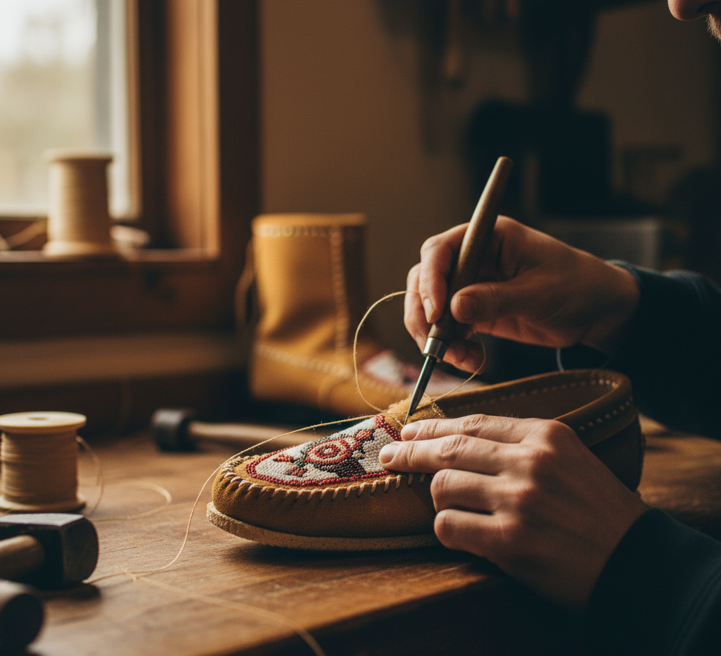 An artisan hand-stitching the sole to the upper of a tan suede moccasin with traditional beadwork.