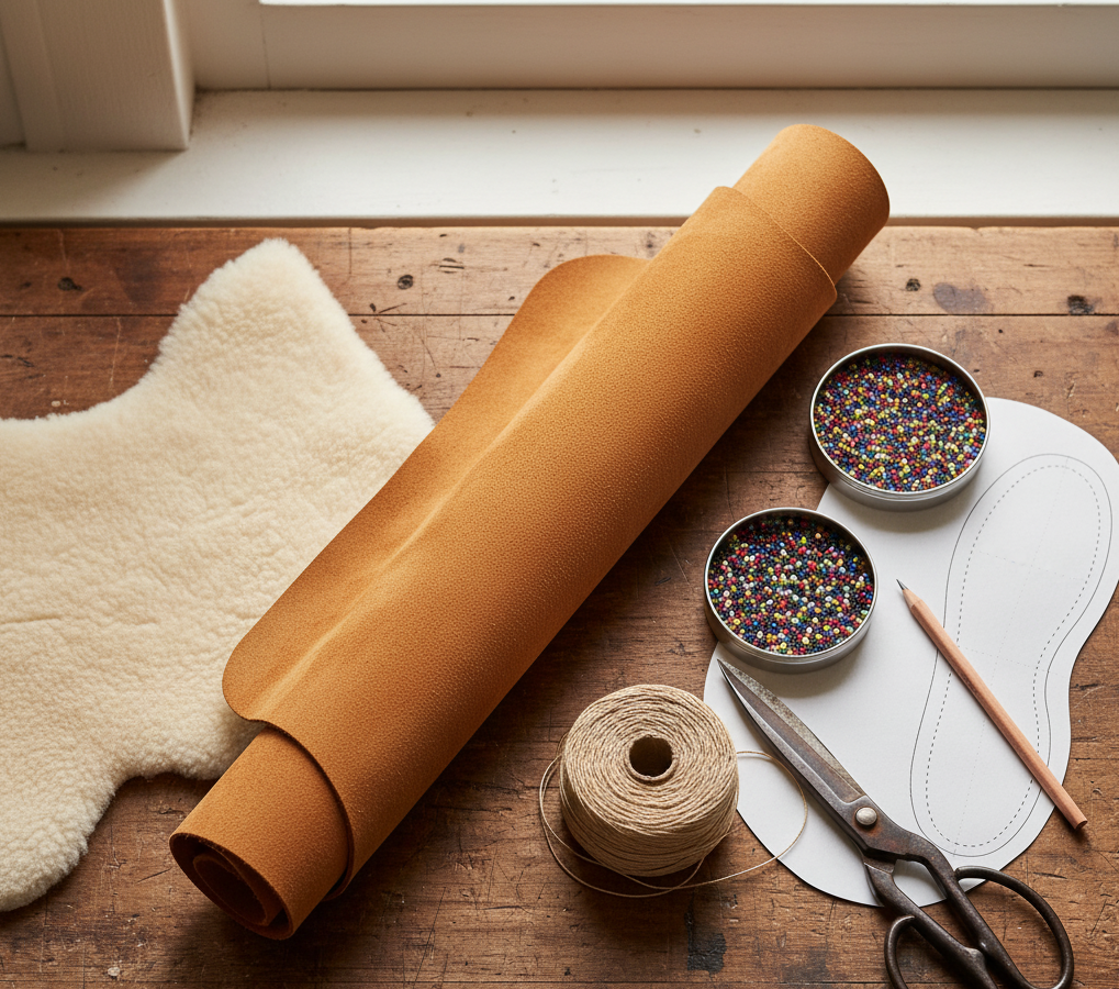 A flat lay of genuine cow suede, plush fleece lining, beads, and moccasin patterns on a wooden table for crafting.
