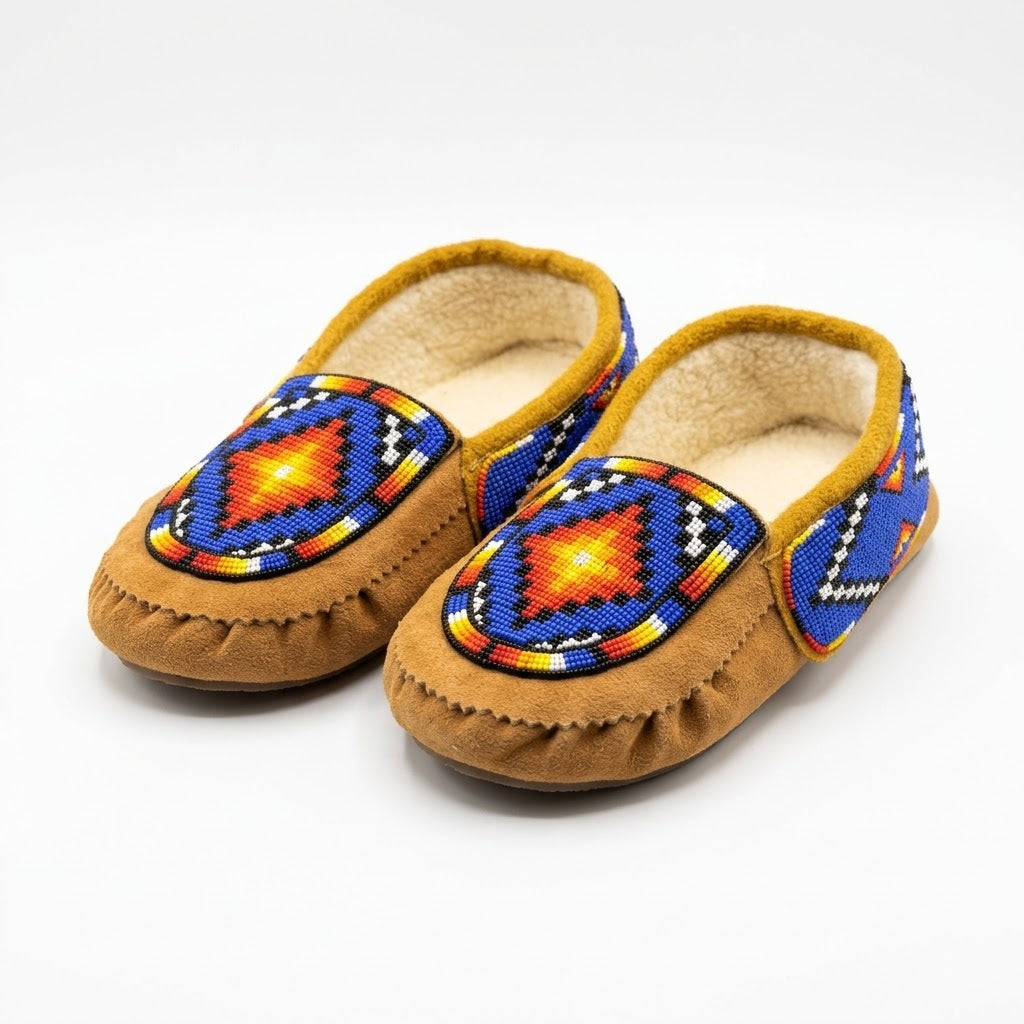 A pair of tan cow suede slip-on moccasins with a blue, red, orange, and yellow hand-beaded morning star design, blue zigzag beaded side panels, a mustard-gold collar, and cream fleece lining, shown on a white background.