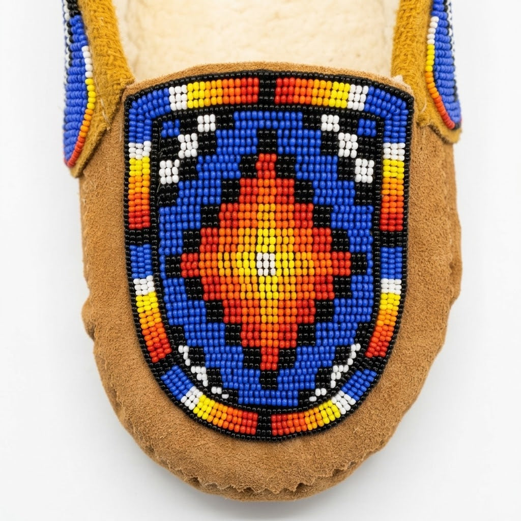 Close-up of the hand-beaded morning star vamp on a tan cow suede moccasin, showing a radiating red, orange, and yellow star on royal blue with a rainbow border.