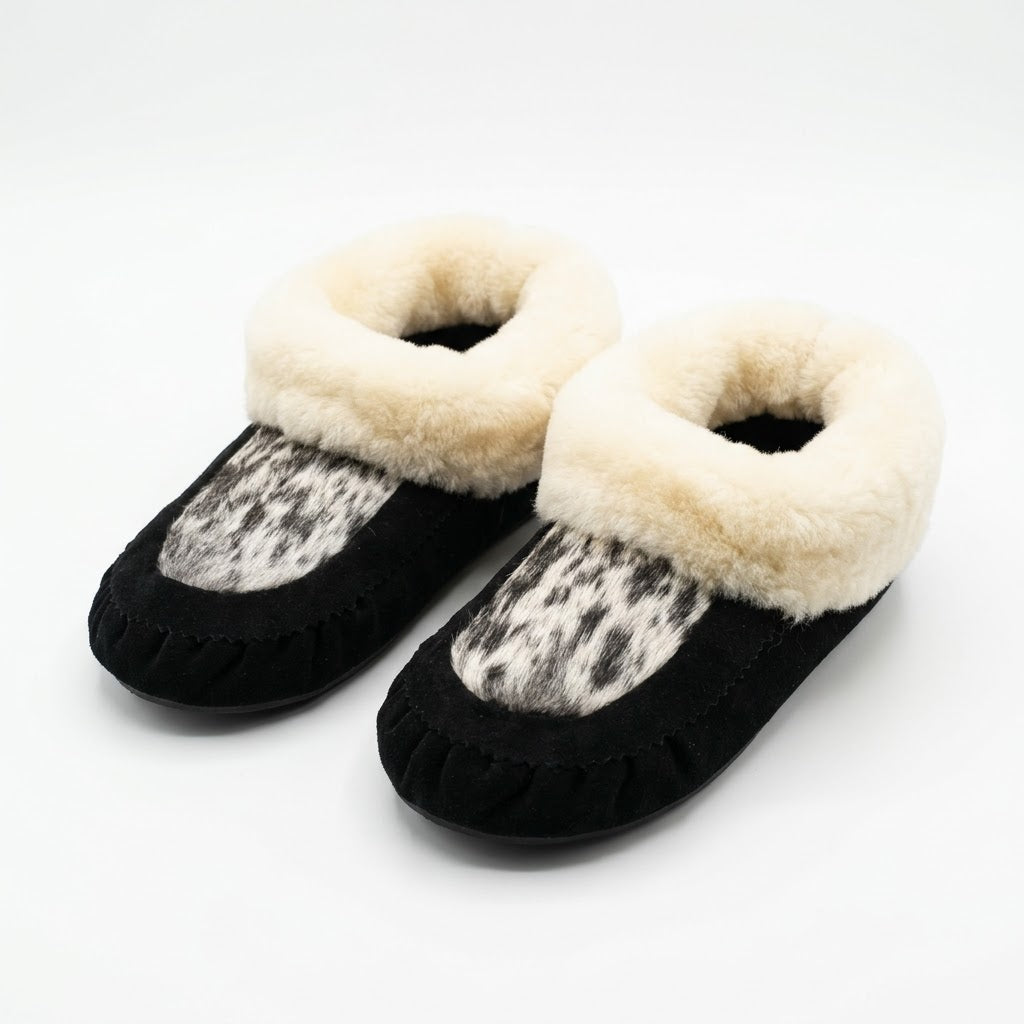 A pair of black suede moccasin booties with speckled hair-on cowhide vamps, cream sheepskin cuffs, and hand-stitched toes, shown on a white background.