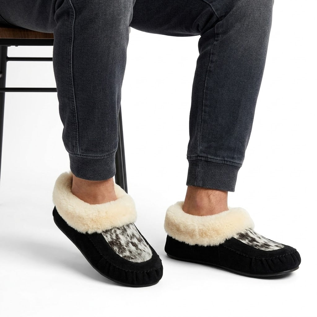 wearing cowhide vamp and hand-stitched toe on a black suede Snowfall moccasin.