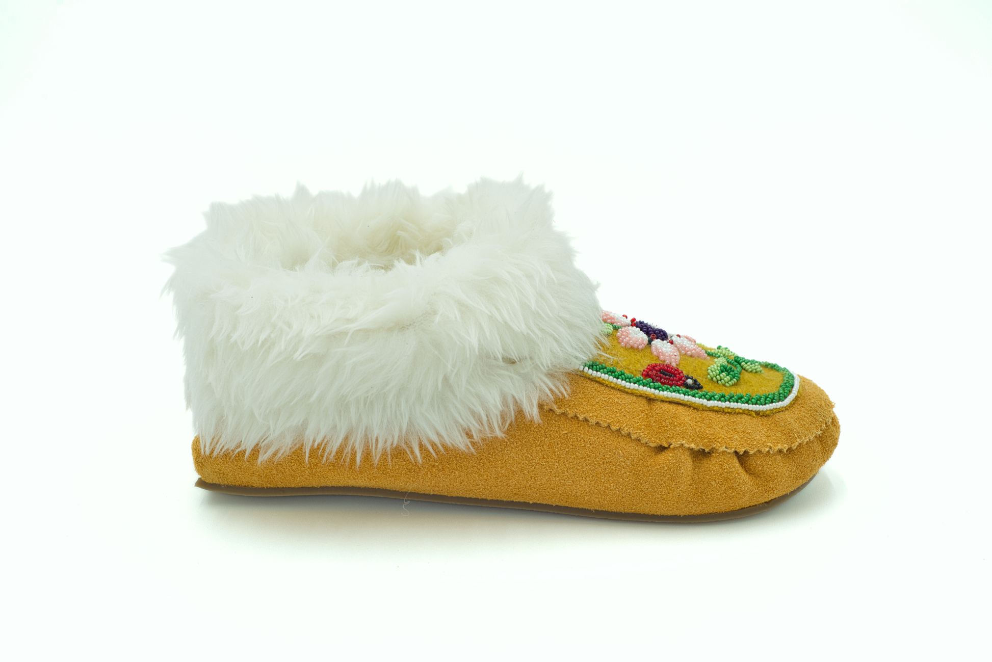 Women's Floral Beaded Suede Moccasins Tan Side| MoccasinCanada.com