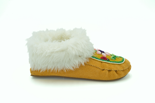 Women's Floral Beaded Suede Moccasins Tan Side| MoccasinCanada.com