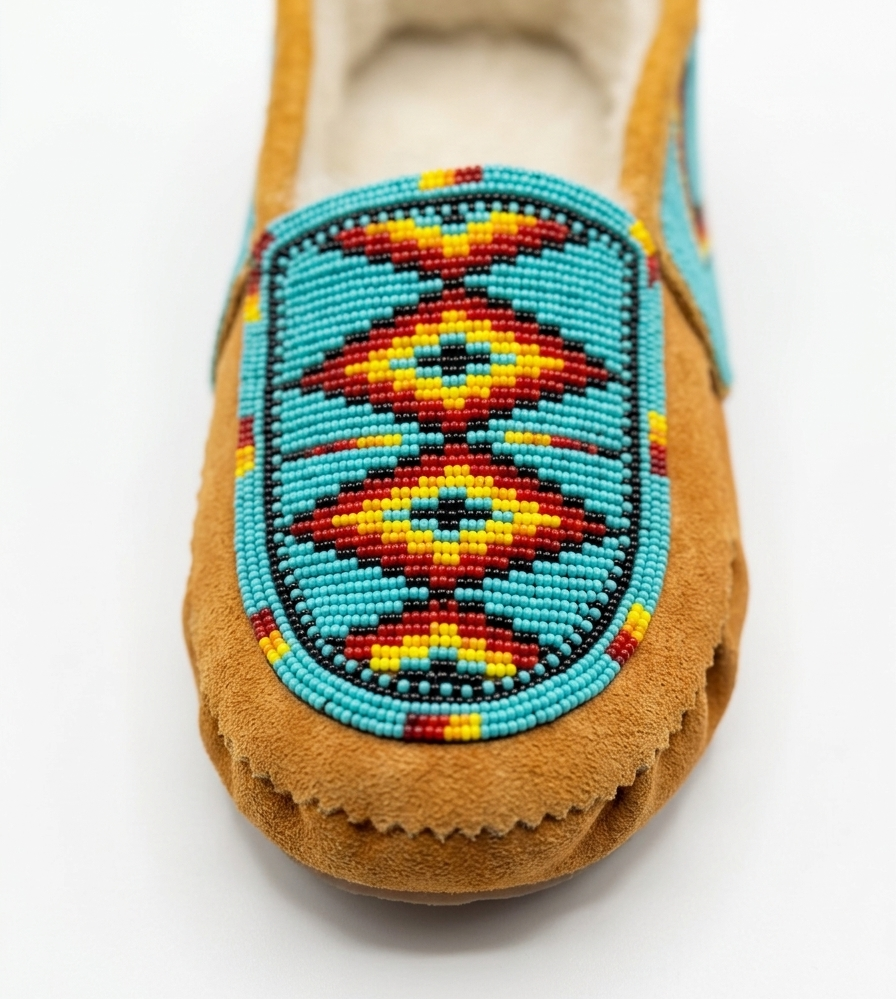 A single tan cow suede moccasin with turquoise and red geometric diamond beadwork and a white fleece lining, shown on a white background bead view