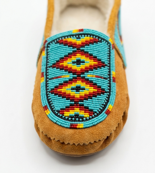 A single tan cow suede moccasin with turquoise and red geometric diamond beadwork and a white fleece lining, shown on a white background bead view