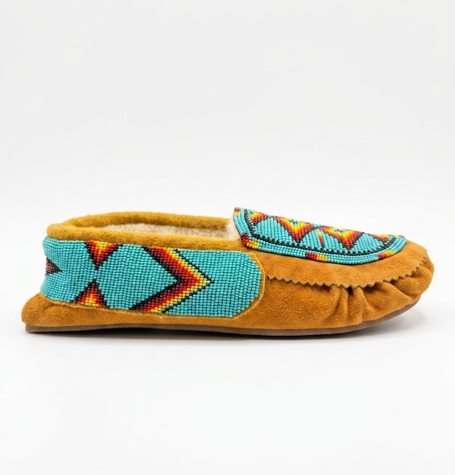 A single tan cow suede moccasin with turquoise and red geometric diamond beadwork and a white fleece lining, shown on a white background side view.