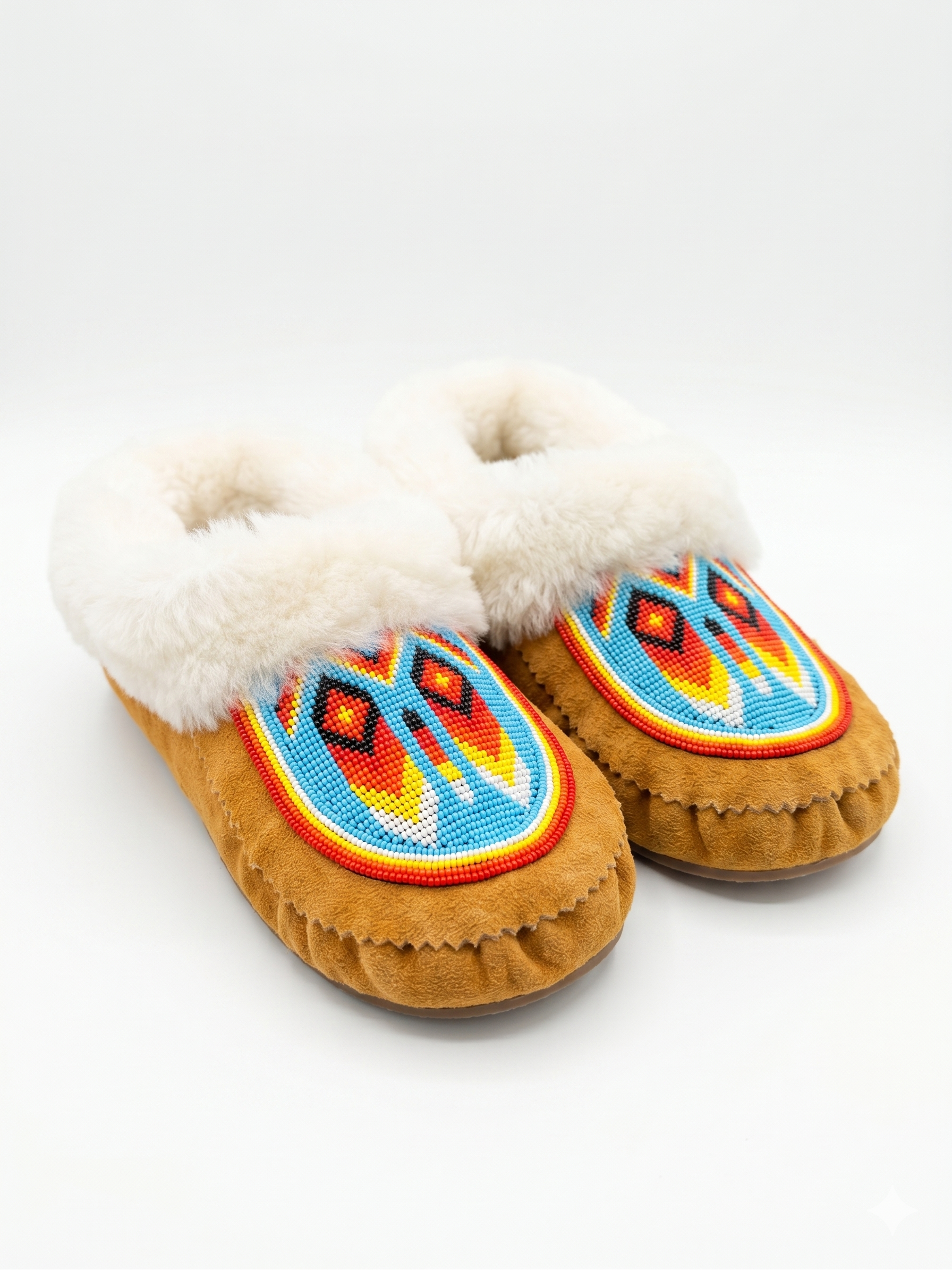 Hand-beaded tan cow suede moccasins featuring a white sheepskin fur collar and vibrant geometric sunburst pattern.