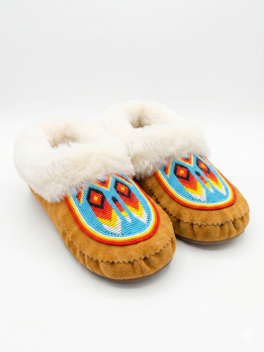 Hand-beaded tan cow suede moccasins featuring a white sheepskin fur collar and vibrant geometric sunburst pattern.