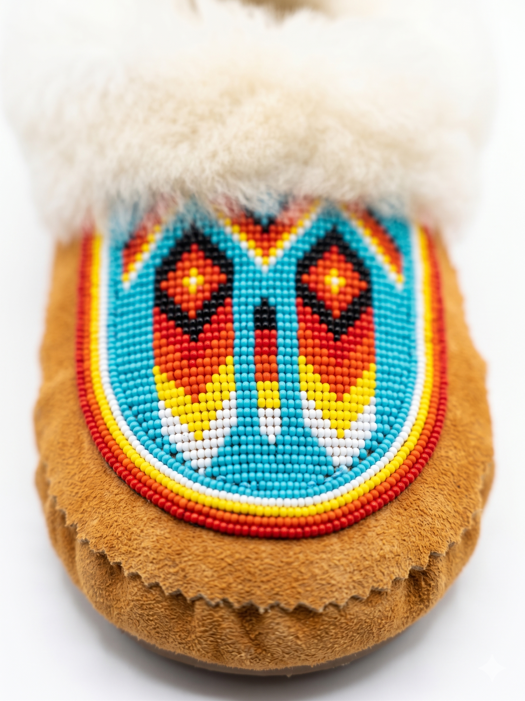 Close-up of heavy, hand-sewn geometric beadwork using authentic red, orange, and blue Czech glass beads on premium suede.