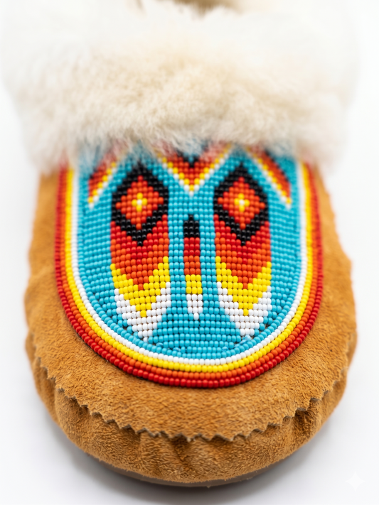 Close-up of heavy, hand-sewn geometric beadwork using authentic red, orange, and blue Czech glass beads on premium suede.