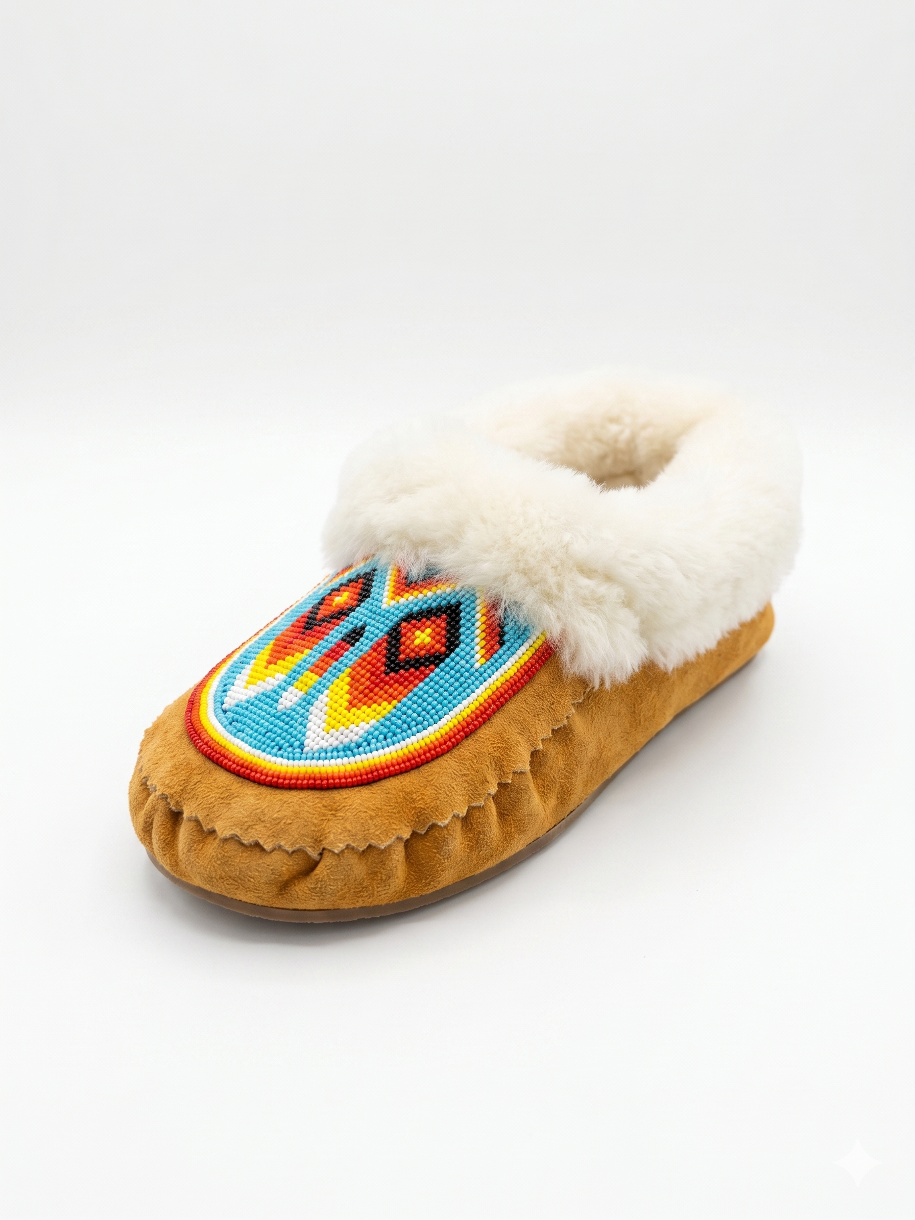 A pair of authentic Indigenous-inspired moccasins showcasing plush sheepskin lining and a durable rubber crepe sole for indoor/outdoor wear.